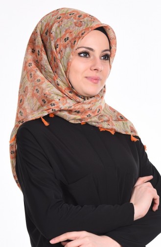 Çift Taraflı Püsküllü Eşarp 50115-15 Turuncu Siyah
