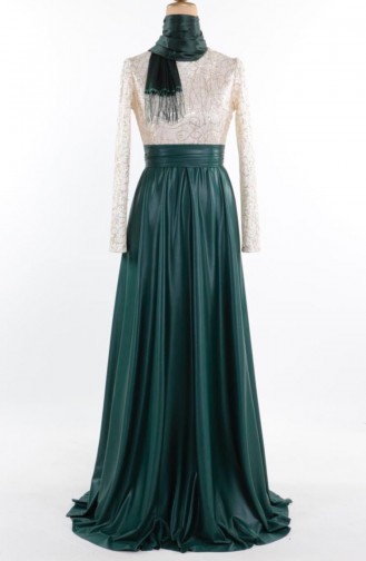فستان سهرة مُزين بتفاصيل مُطرزة 1043-08لون أخضر داكن 1043-08