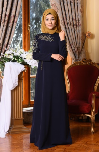 Navy Blue Hijab Evening Dress 5001-06