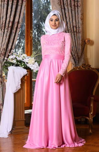 Flok Baskılı Abiye Elbise 1093-03 Pink 1093-03