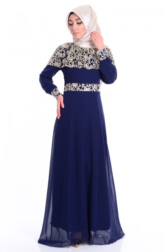 Navy Blue Hijab Evening Dress 4109-02