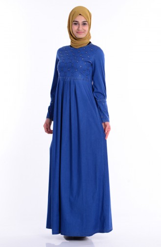 Taş Detaylı Kot Elbise 1152-01 Mavi