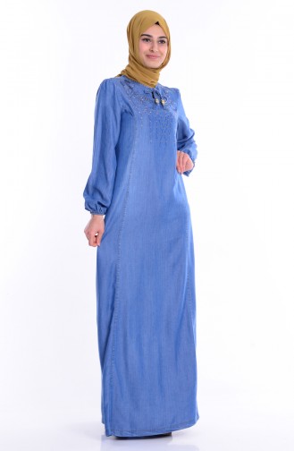 Taş Detaylı Kot Elbise 1157-01 Mavi