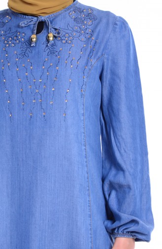 Taş Detaylı Kot Elbise 1157-01 Mavi