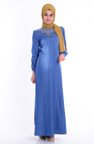 Nakış Ve Taş Detaylı Kot Elbise 1194-01 Mavi