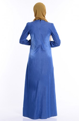 Nakış Ve Taş Detaylı Kot Elbise 1194-01 Mavi