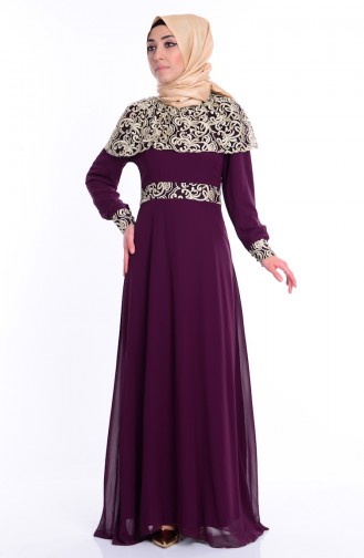Plum Hijab Evening Dress 4109-03