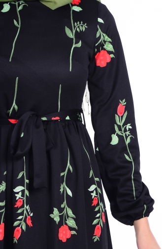 Çiçek Desenli Kuşaklı Elbise 3786-02 Siyah