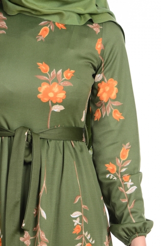 Çiçek Desenli Kuşaklı Elbise 3786-03 Haki Yeşil