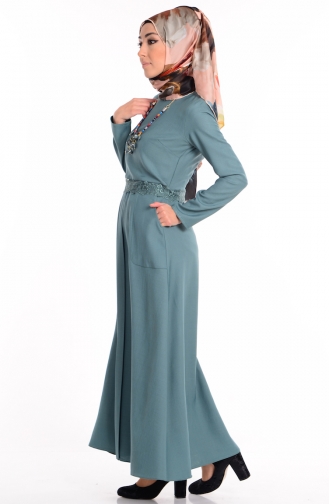 Cep Detaylı Kolyeli Elbise 5001-02 Çağla Yeşil