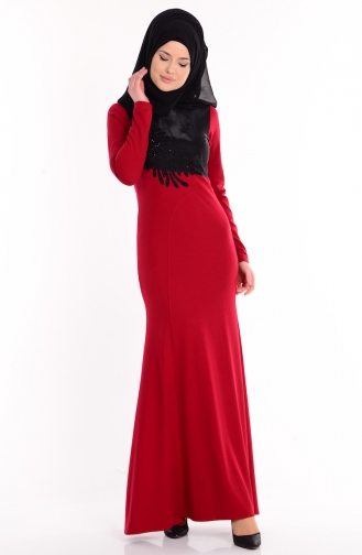 Boncuk Detaylı Elbise 0024-04 Kırmızı
