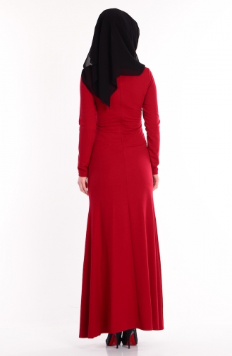 Boncuk Detaylı Elbise 0024-04 Kırmızı