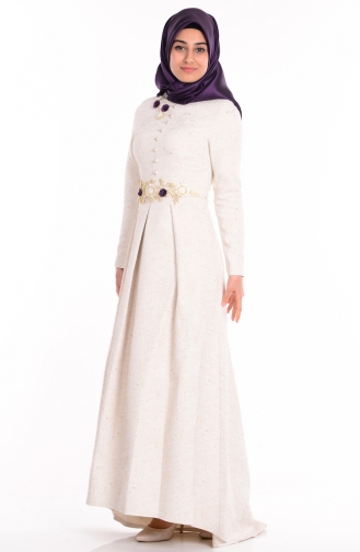 Cream Hijab Evening Dress 9450C-02