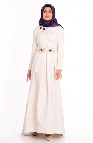Cream Hijab Evening Dress 9450C-02