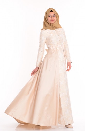 Cream Hijab Evening Dress 9454-03