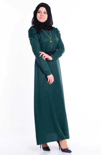 Kol Büzgülü Kuşaklı Elbise 5496-03 Zümrüt Yeşil