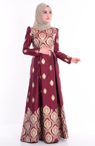 Claret Red Hijab Evening Dress 7087-01