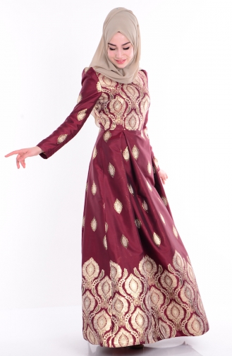 Claret Red Hijab Evening Dress 7087-01