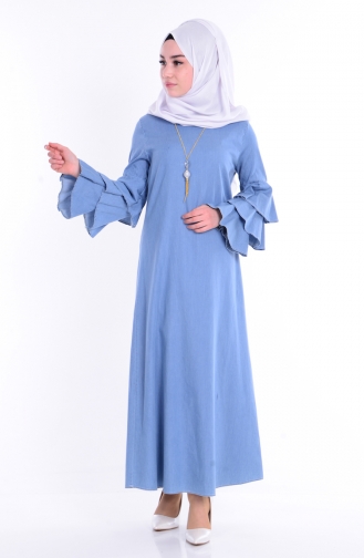 Kolu Fırfırlı Elbise 2002-01 Mavi
