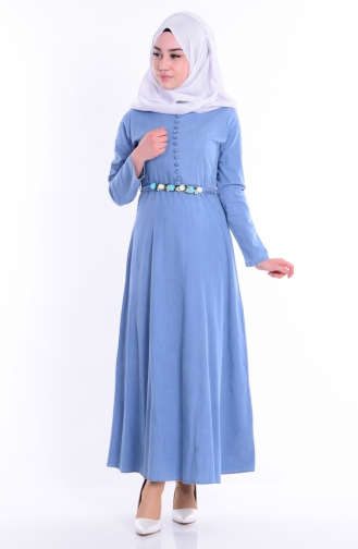 Düğme Detaylı Kemerli Elbise 2003-01 Mavi