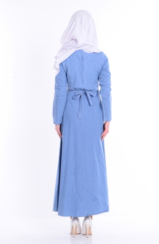 Düğme Detaylı Kemerli Elbise 2003-01 Mavi