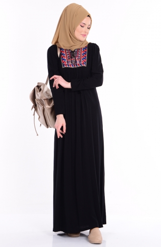 Nakış Detaylı Elbise 1225-01 Siyah