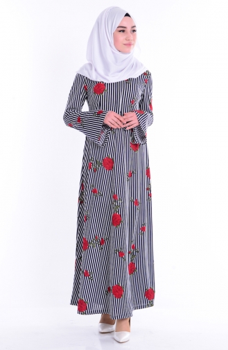 Gül Desenli Elbise 2081-02 Lacivert Kırmızı