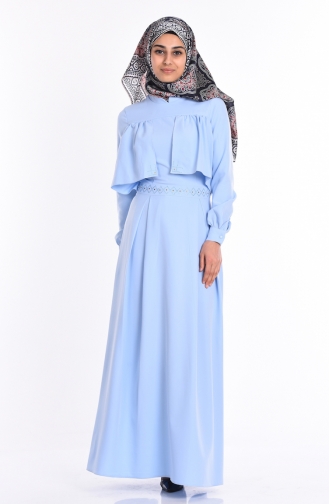 Taş Baskılı Pileli Elbise 99010-01 Buz Mavi
