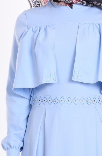 Taş Baskılı Pileli Elbise 99010-01 Buz Mavi