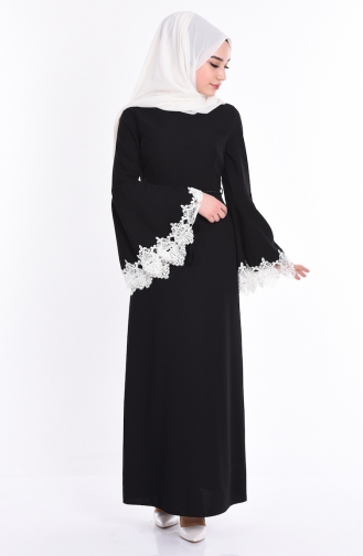 Kemerli Dantelli Elbise 1205-03 Siyah
