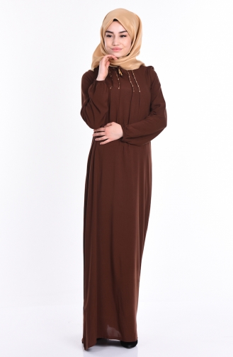Taş Detaylı Viskon Elbise 1082-06 Kahverengi