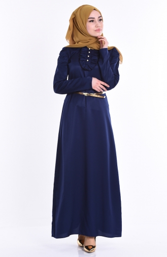 Fırfırlı Kemerli Elbise 2248-06 Lacivert