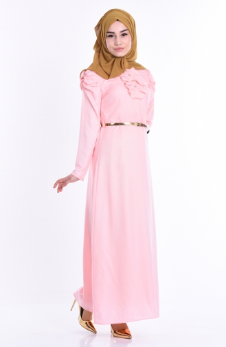 Fırfırlı Kemerli Elbise 2248-02 Somon