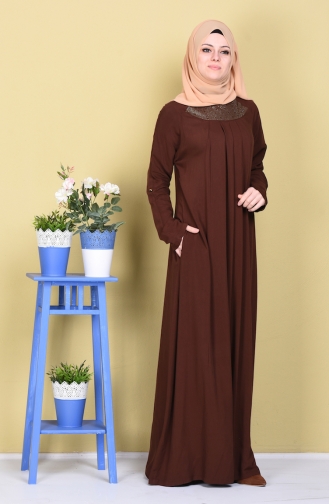 Taş Detaylı Viskon Elbise 1089-01 Kahverengi