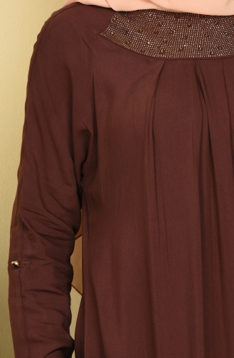 Taş Detaylı Viskon Elbise 1089-01 Kahverengi