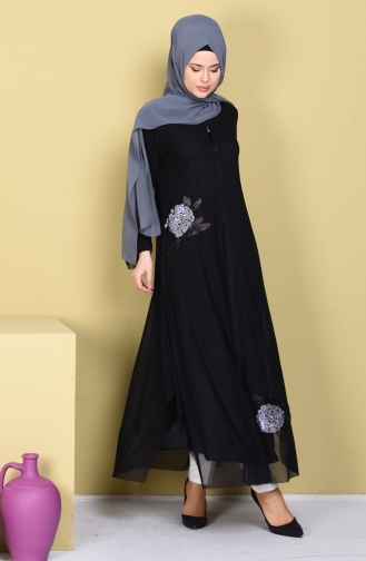 Abaya mit Paietten 35742-02 Schwarz Lila 35742-02