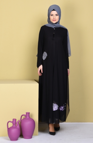 Abaya Bordée de Paillette 35742-02 Noir Pourpre 35742-02