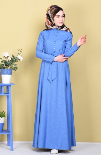 Keten Düğme Detaylı Elbise 5015-01 Mavi