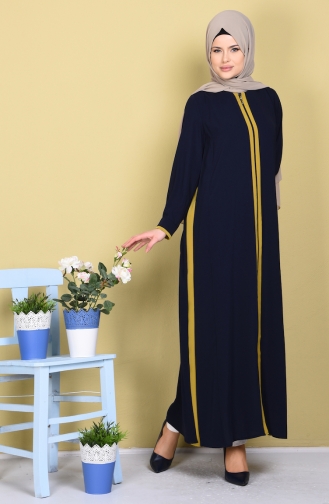 Abaya Garnie a Fermeture 1057-02 Bleu Marine Vert Huile 1057-02