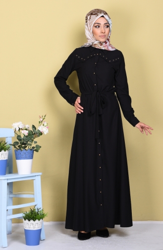 Düğmeli Kuşaklı Elbise 61133-05 Siyah