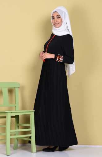 Nakışlı Piliseli Elbise 4029-01 Siyah