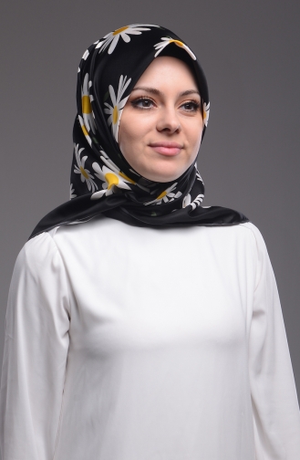 Papatya Desenli Twill Eşarp 50152-01 Siyah