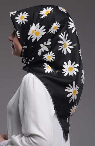 Papatya Desenli Twill Eşarp 50152-01 Siyah