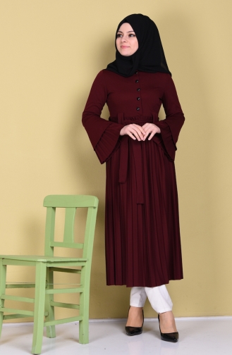 Kuşaklı Pileli Uzun Tunik 6154-05 Bordo