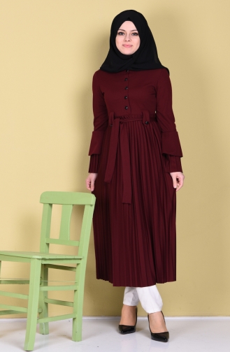 Kuşaklı Pileli Uzun Tunik 6154-05 Bordo
