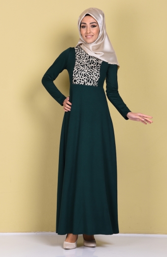 Dantel Detaylı Elbise 2055-06 Zümrüt Yeşil