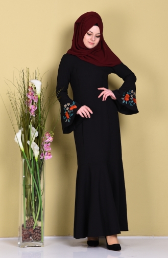 İspanyol Kol Nakışlı Elbise 4137-01 Siyah