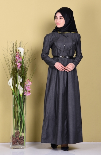 Fırfırlı Kemerli Elbise 2254-09 Siyah