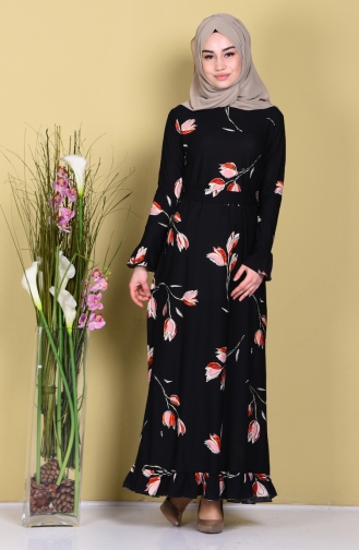 Lale Desen Fırfırlı Elbise 2093-04 Siyah