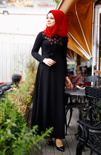Sefamerve Çiçekli Elbise 2066-01 Siyah